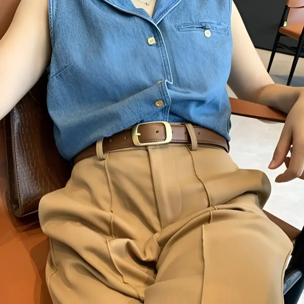 Elegant brown leather belt with gold buckle designed for women, stylish accessory