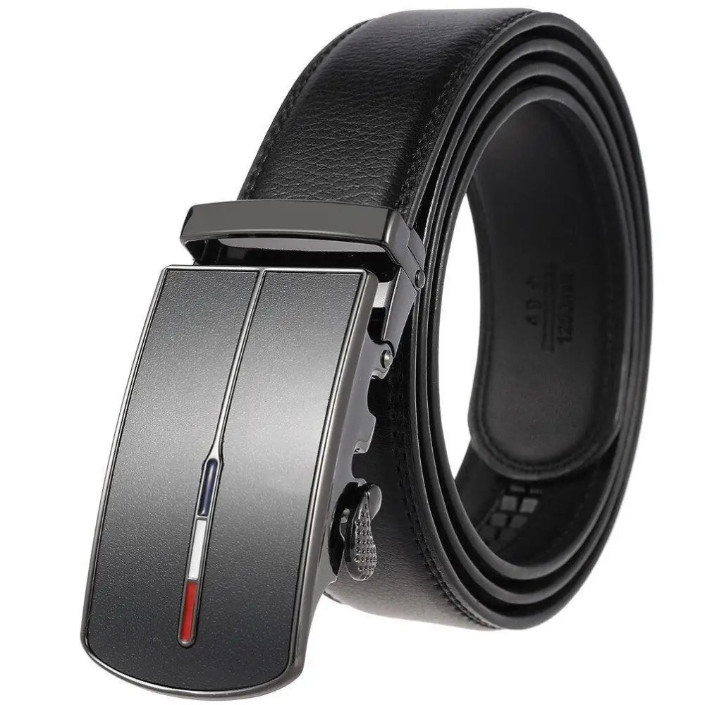 Black leather ratchet suit belt with automatic metal buckle for sophisticated attire