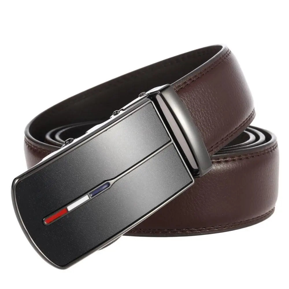 Elegant brown leather suit belt with black metal buckle for formal attire