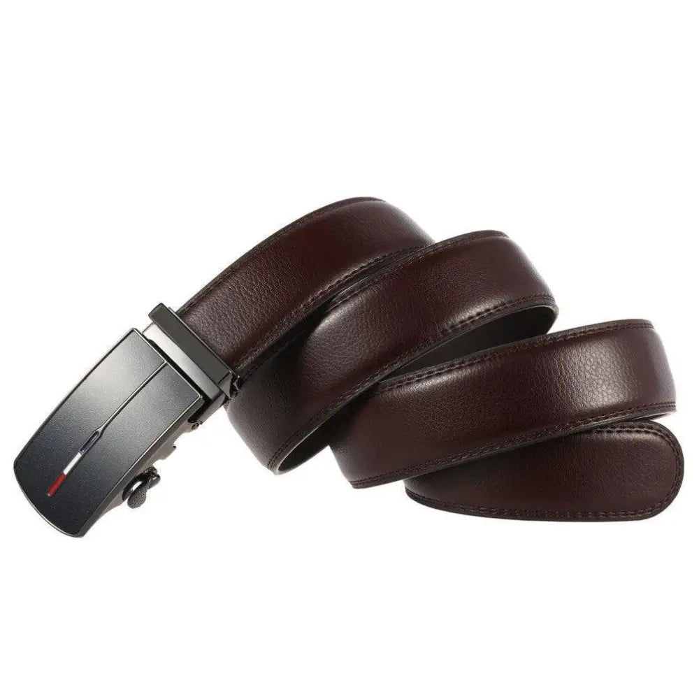 Brown leather suit belt with automatic buckle displayed in Elegant Leather Suit Belts collection