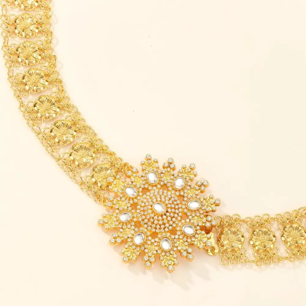 Gold-toned floral Moroccan belt with pearl accents for elegant traditional accessories