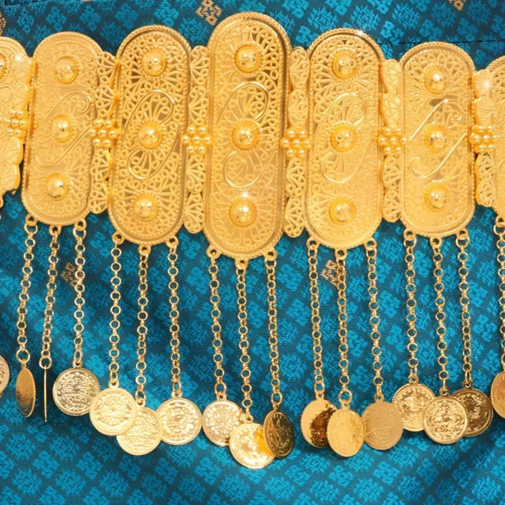 Elegant ornate gold coin Moroccan belt with coin dangles for traditional and modern styles