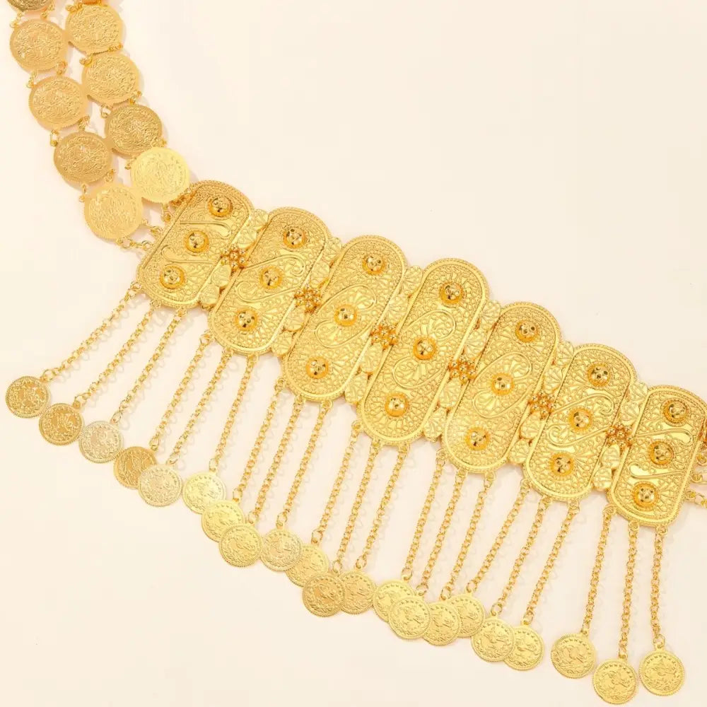 Elegant ornate gold coin Moroccan belt suitable for traditional and modern styles