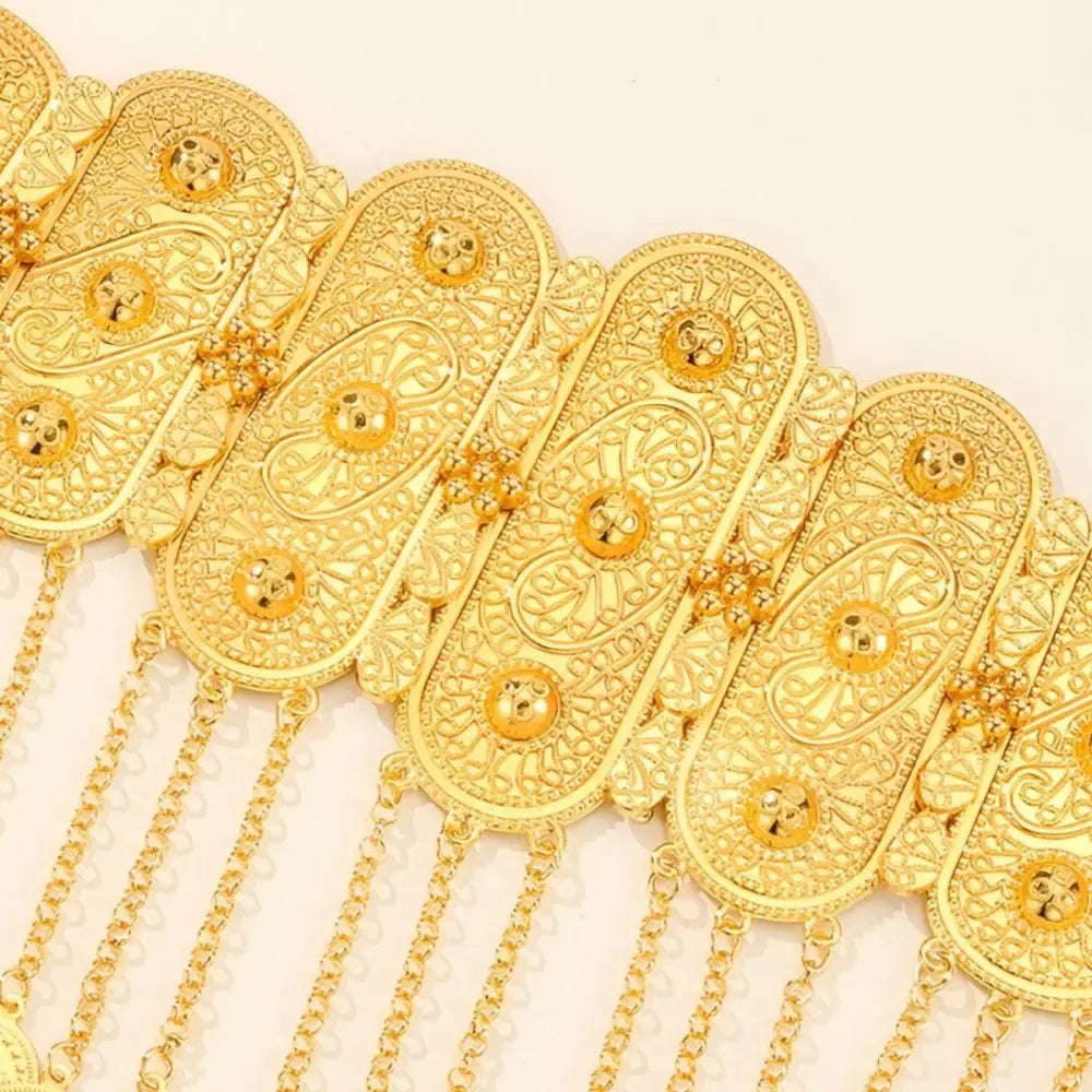 Elegant ornate gold coin Moroccan belt with dangling chains for traditional and modern styles