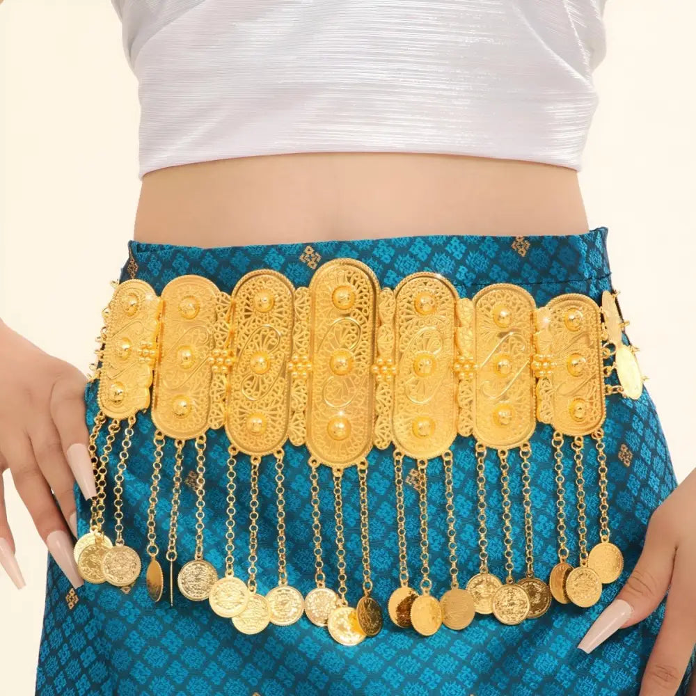 Elegant ornate gold coin Moroccan belt showcasing traditional and modern style craftsmanship