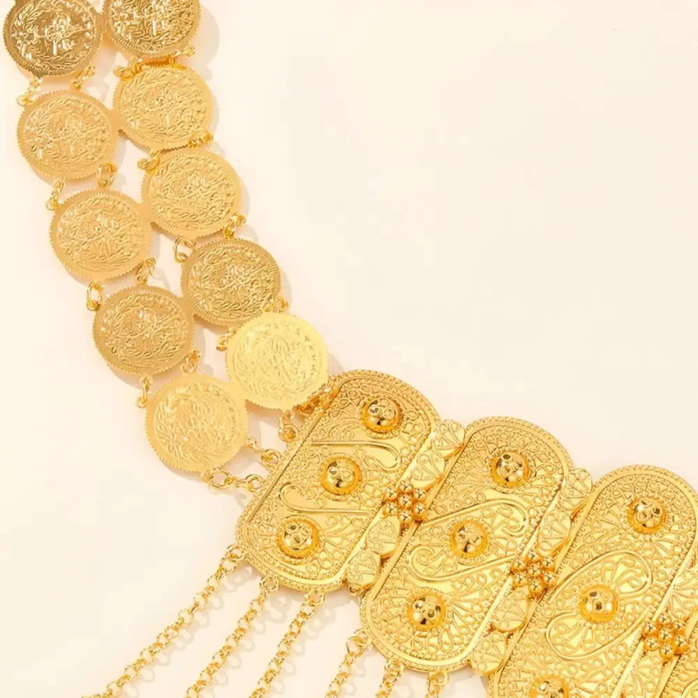 Elegant ornate gold coin Moroccan belt showcasing traditional and modern style design