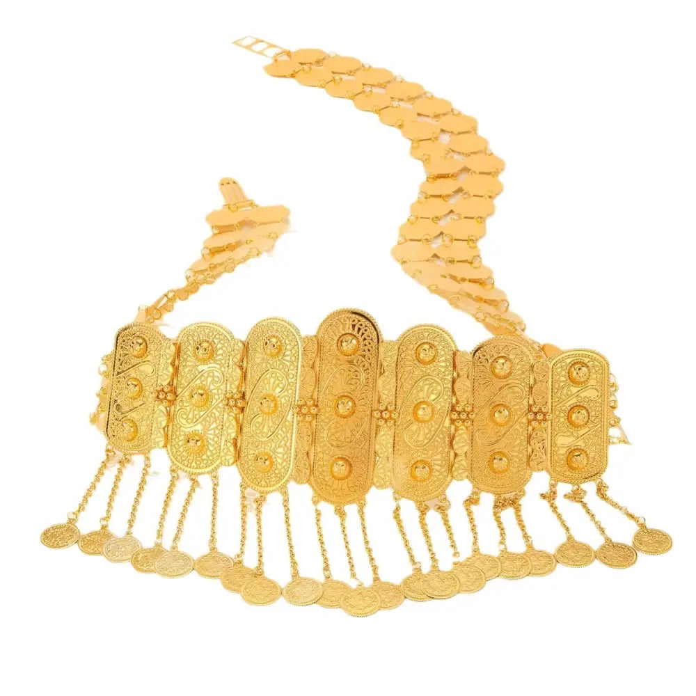 Elegant ornate gold coin Moroccan belt for traditional and modern styles