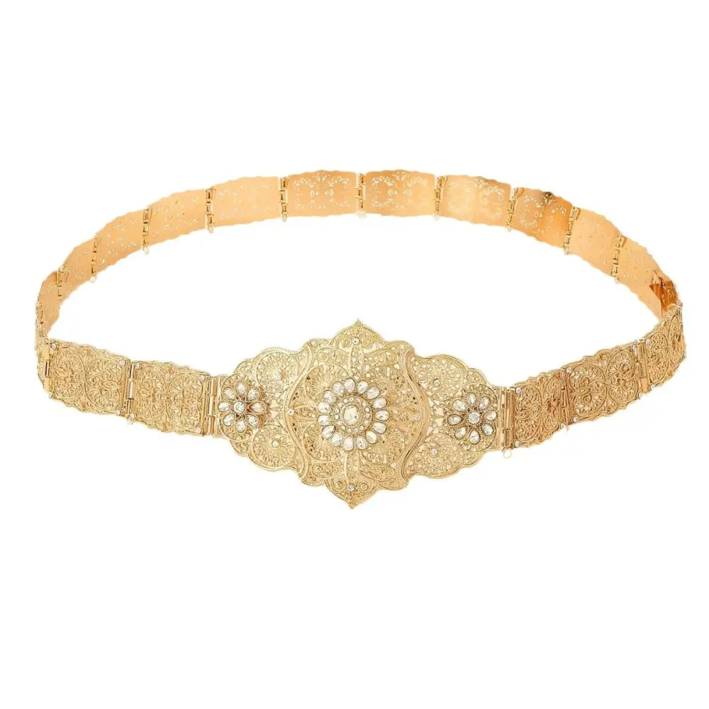 Elegant ornate gold Moroccan belt with floral accents for traditional and stylish wear