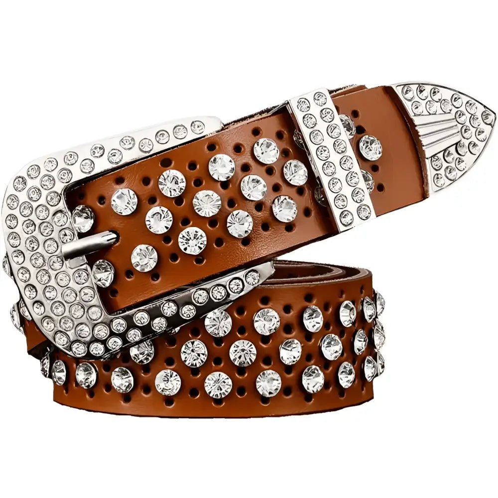 Brown leather belt with rhinestones from Quinn Leather in Elegant Rhinestone Leather Belts collection