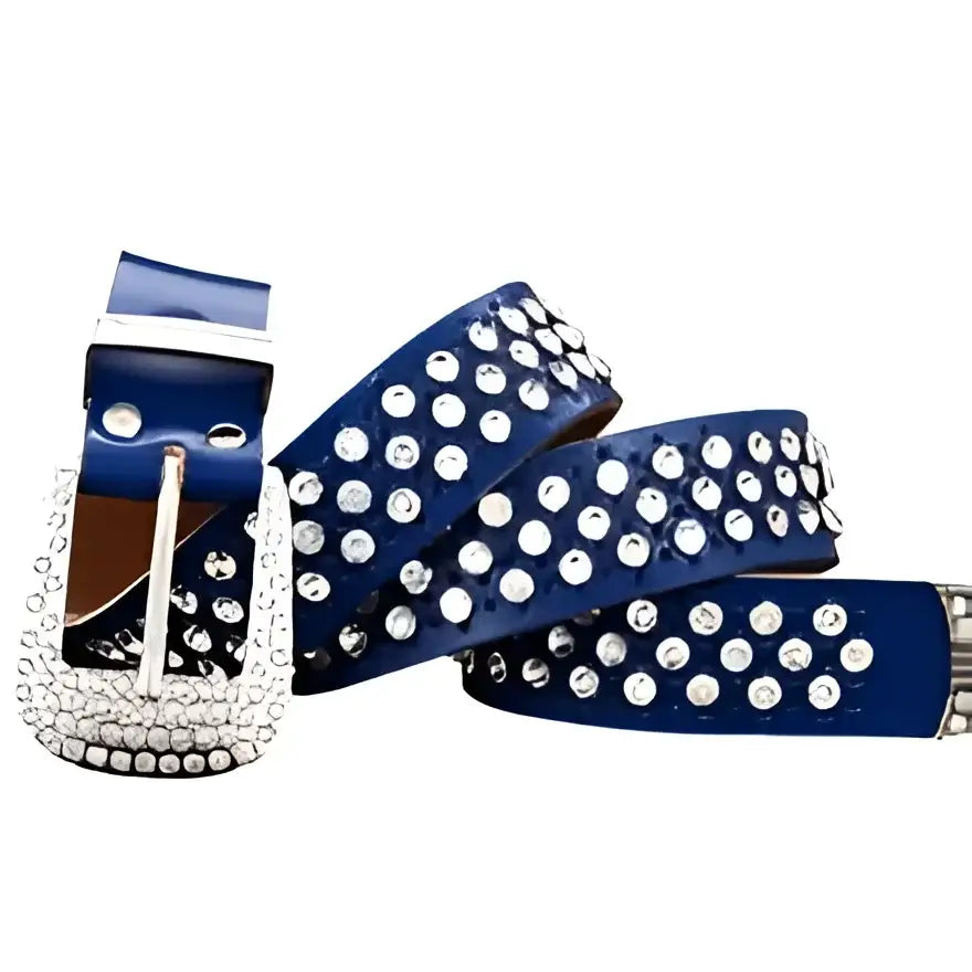 Blue rhinestone-studded leather belt from Quinn Leather in Elegant Rhinestone collection