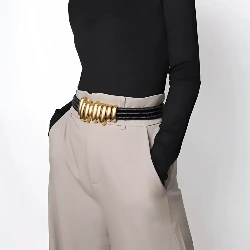 Black belt with gold ring buckle featured on trendy women’s Elegant White Blazer with Madona Belt