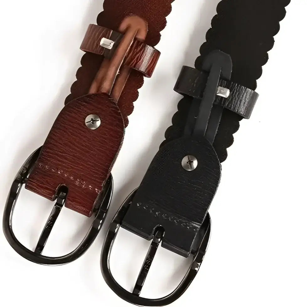 Elmyra belt with brown and black scalloped leather edges and silver studs