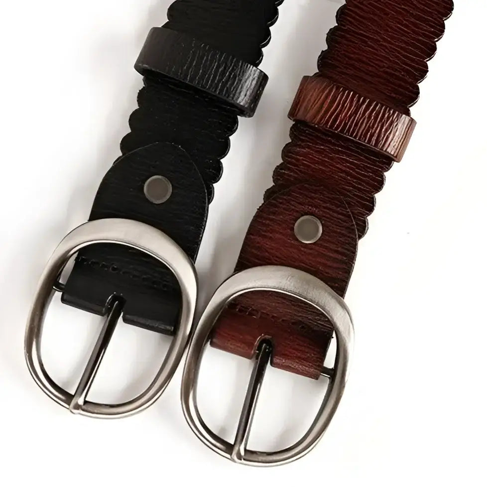 Elmyra Belt with Silver Studs and Scalloped Edges featuring two leather belts with silver buckles