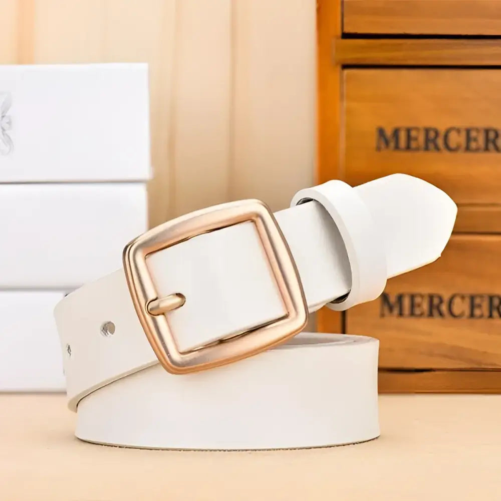 White leather endzela women’s belt with a square gold buckle for women’s accessories