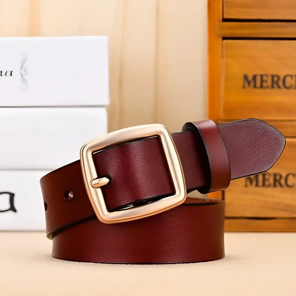 Endzela women’s belt with burgundy leather and gold buckle from Endzela Women’s Belt Collection