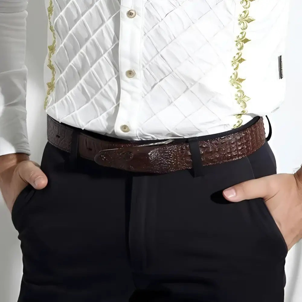 Brown crocodile-patterned men’s belt with Enokur men’s crocodile head buckle
