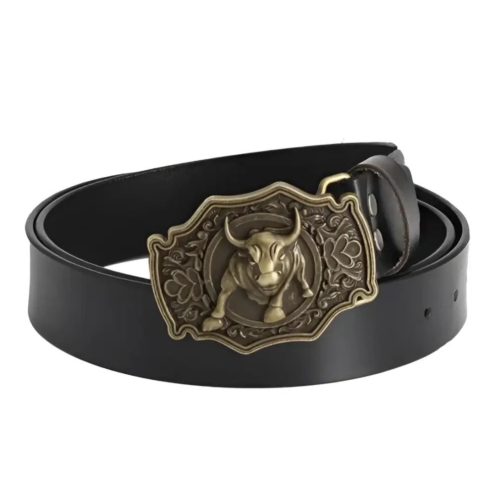 Eska Leather Belt with Bull Buckle showcasing a stylish black leather belt