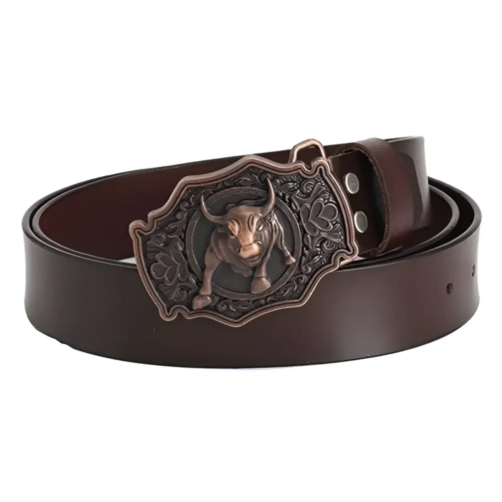 Brown leather belt with bull buckle from Eska Leather Belt collection