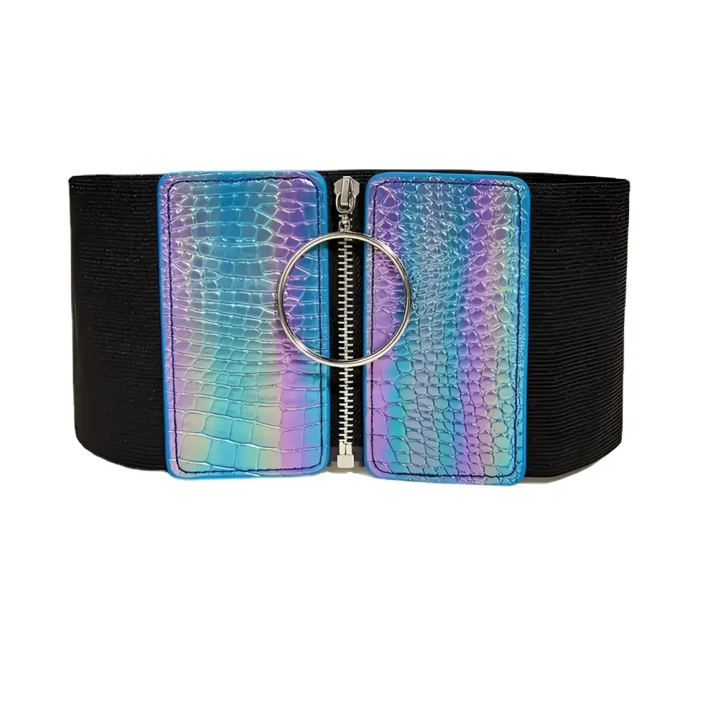 Black elastic Esmé Zip Corset Belt with iridescent panels and decorative zippers