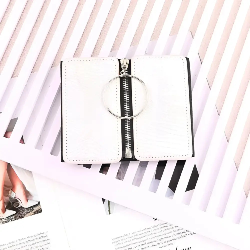White wallet with zipper and ring for Esmé Zip Corset Belt with iridescent panels