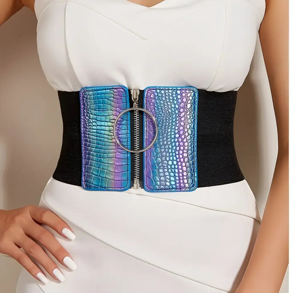 Esmé Zip Corset Belt with iridescent faux crocodile panels and silver ring zipper pull