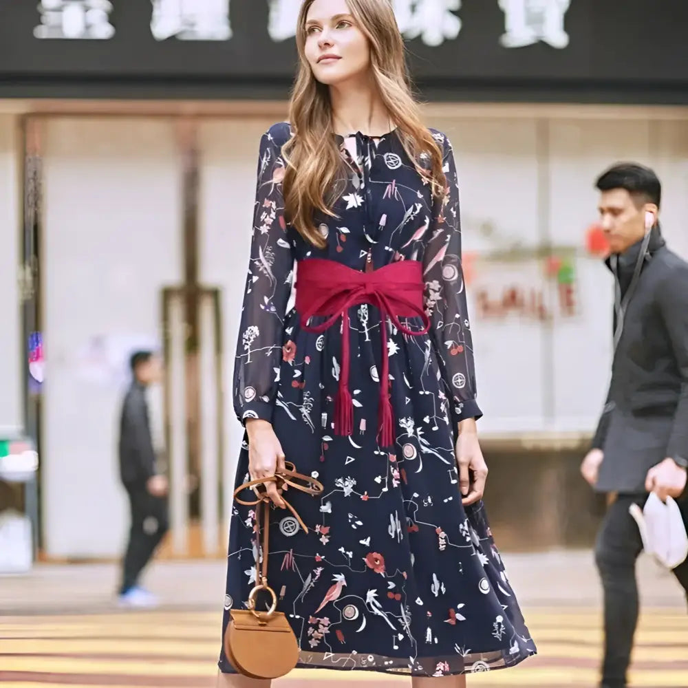 Floral print dress with red sash and tassel belt displayed on a mannequin