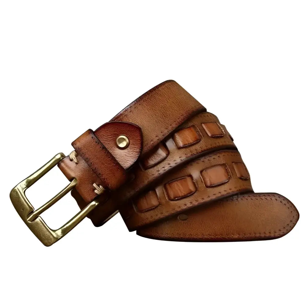 Full-grain leather belt with a gold buckle showcasing superior craftsmanship