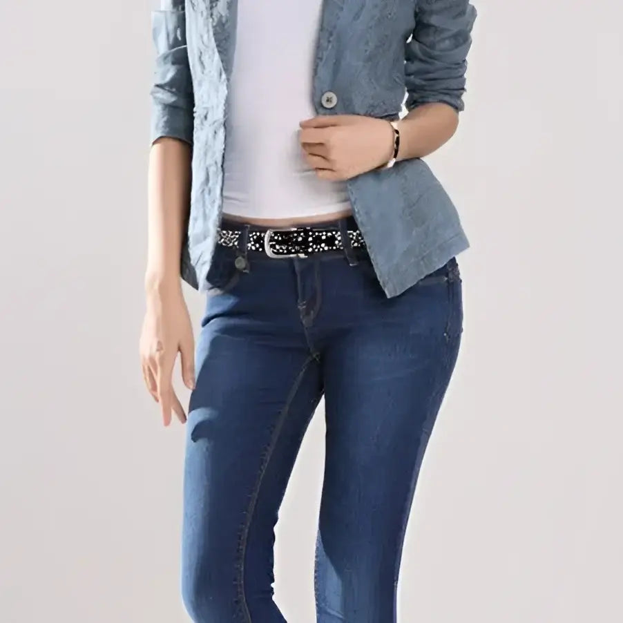 Gaylia Belt Stylish Woman’s Outfit featuring jeans, top, jacket, and studded silver leather belt