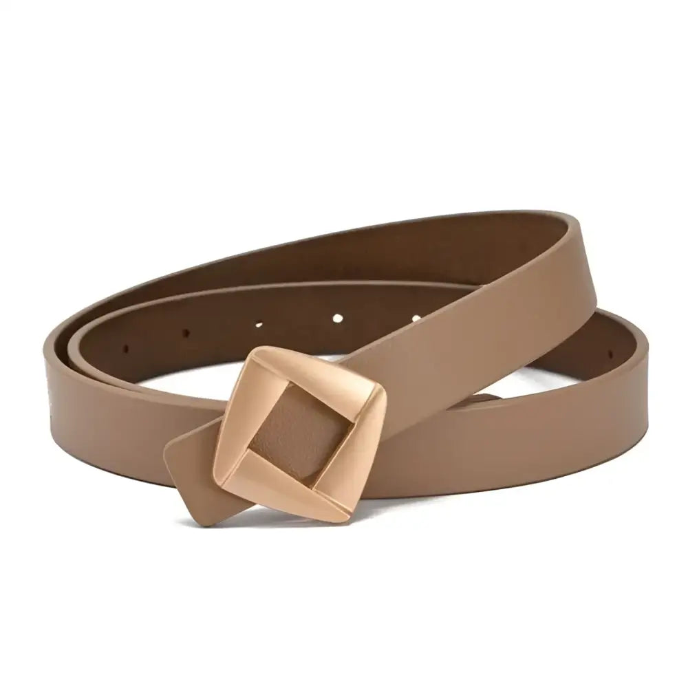 Genuine leather belt with square gold buckle and diamond accent for elegant styling