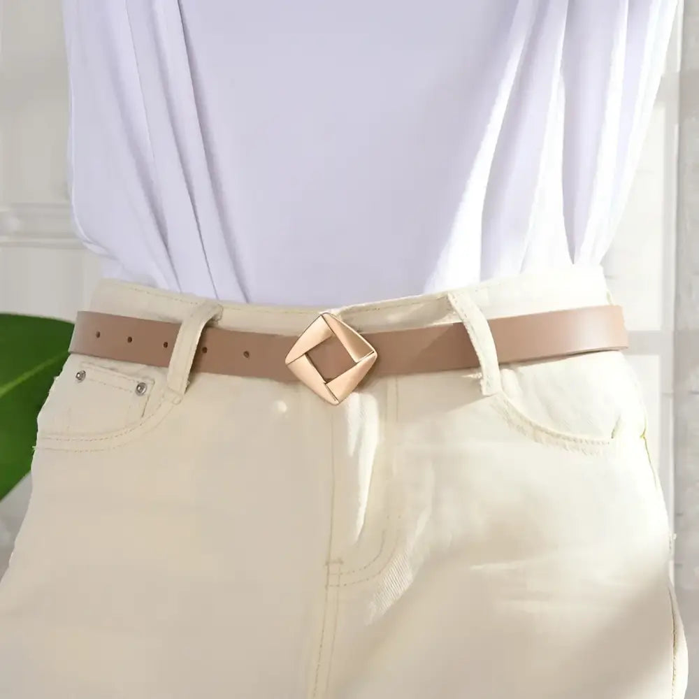 Genuine Leather Belt with Diamond Buckle and Square Gold Accent in beige color
