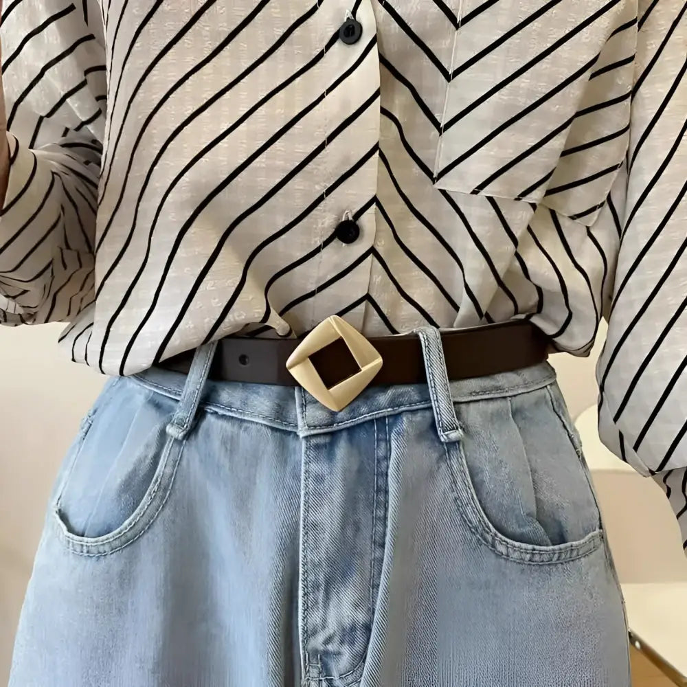 Genuine leather belt with square gold buckle and diamond accent for elegant style