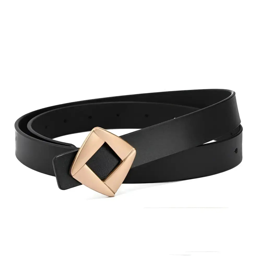 Black genuine leather belt with gold diamond buckle and square gold accent