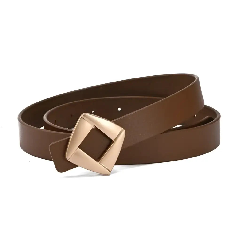 Genuine leather belt with gold square buckle and diamond accent for sophisticated style