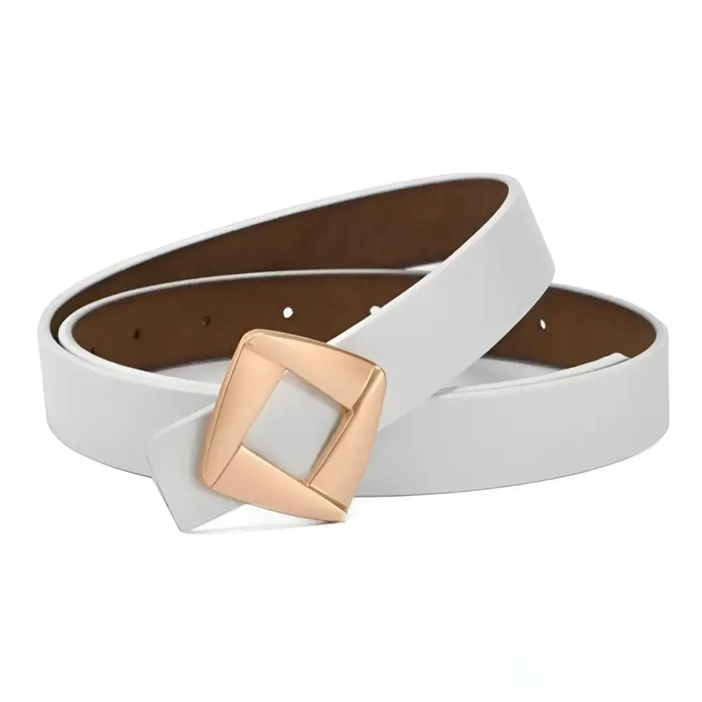 White genuine leather belt with a gold square buckle and diamond accent for elegant style