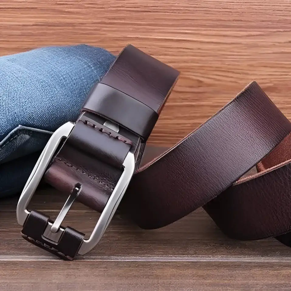Genuine leather belt with silver buckle for everyday wear and durability