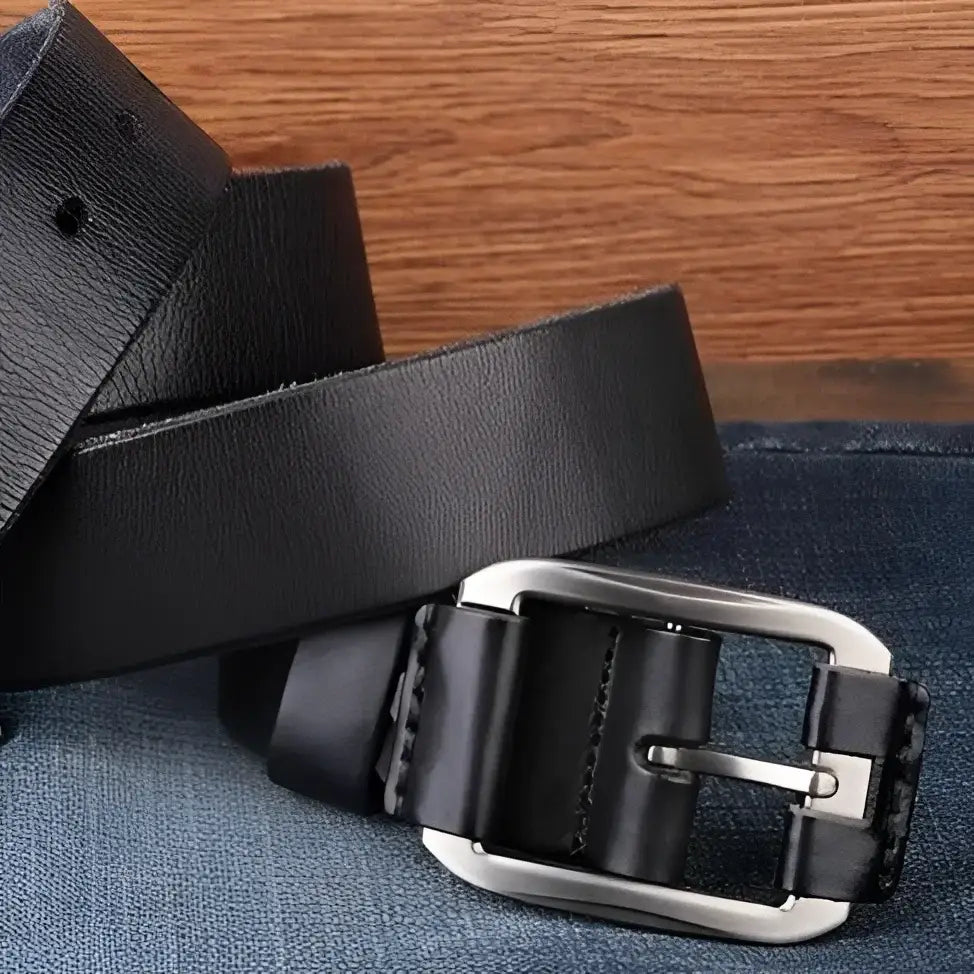 Black genuine leather belt with silver buckle ideal for everyday wear