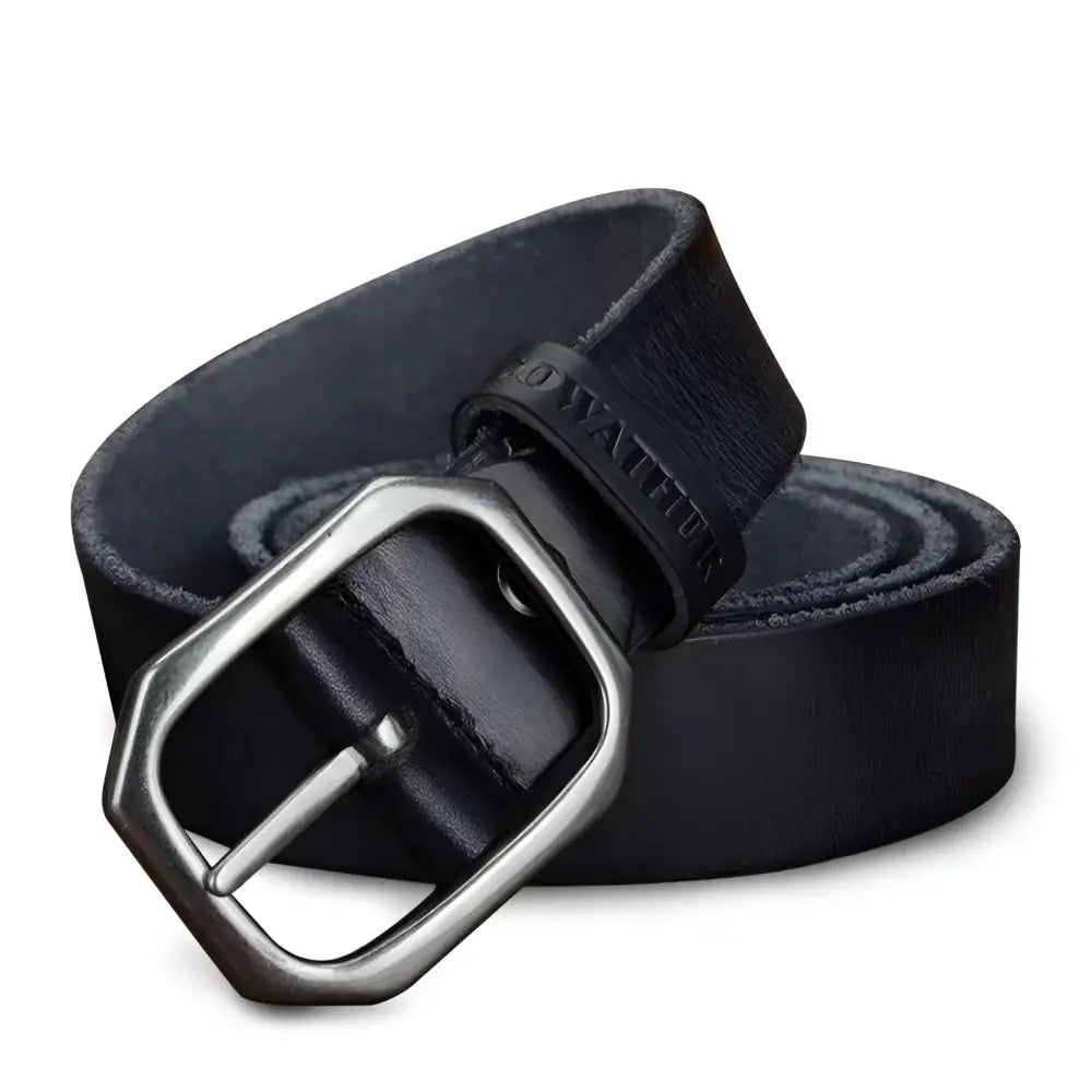 Genuine leather belt with silver buckle in black, stylish leather belt accessory