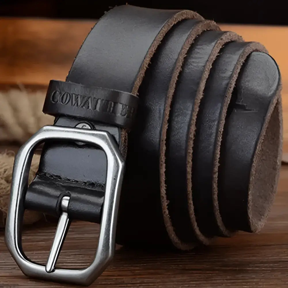 Rolled black genuine leather belt with silver buckle from Genuine Leather Belts collection