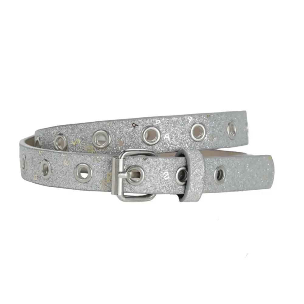Silver glitter belt with grommet accents and a silver buckle for stylish accessorizing