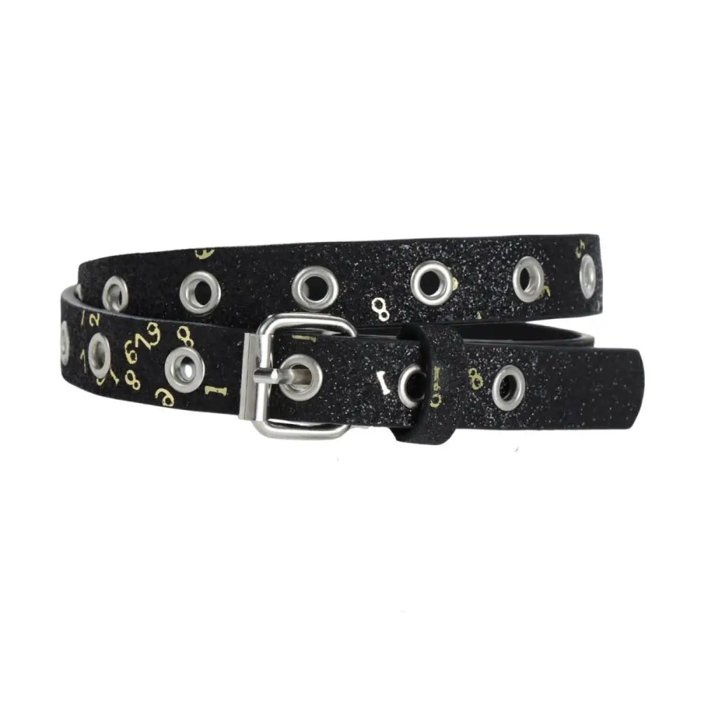 Black belt with silver grommets and buckle from Glittery Belts collection