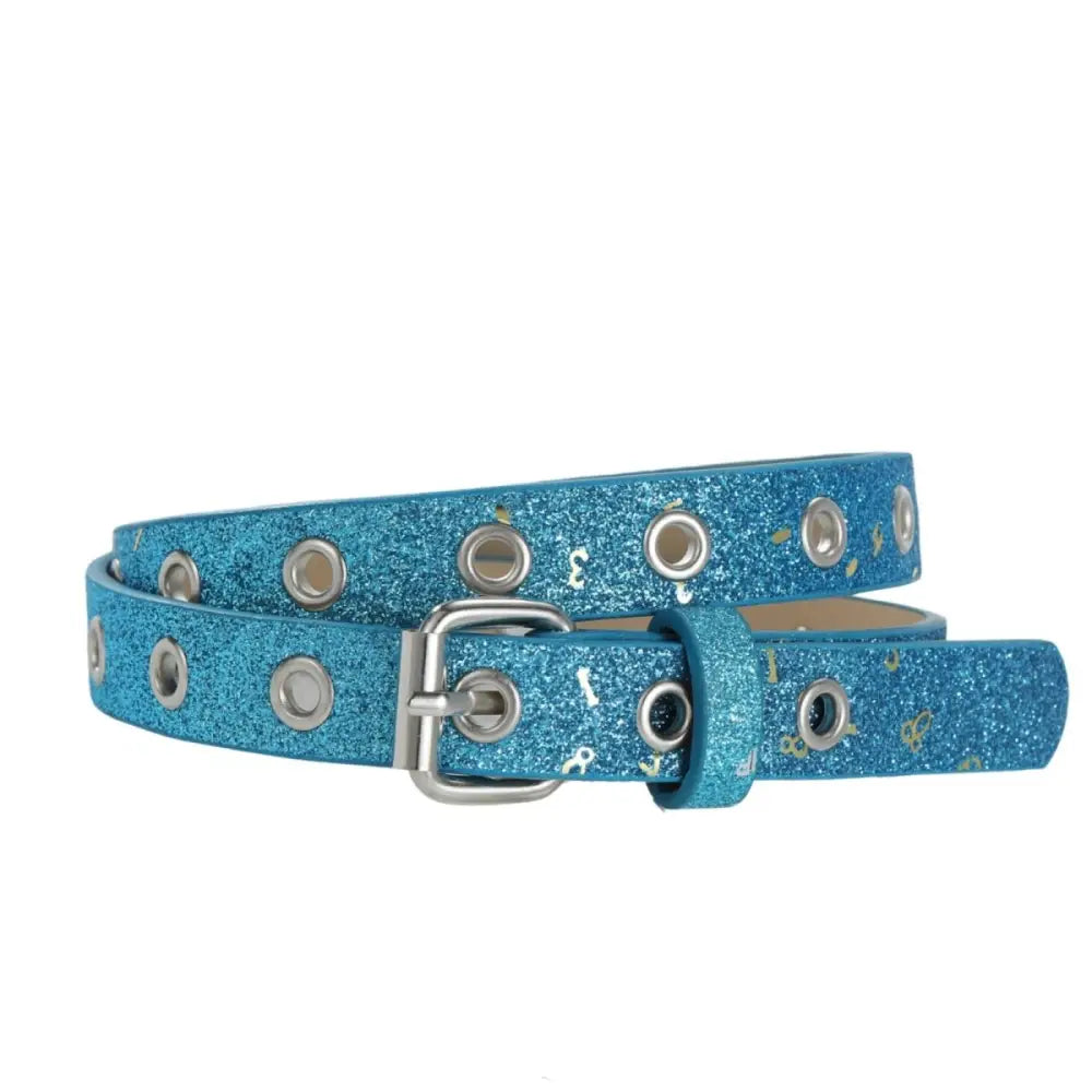 Sparkly blue belt with grommet details and a silver buckle for stylish fashion accessories
