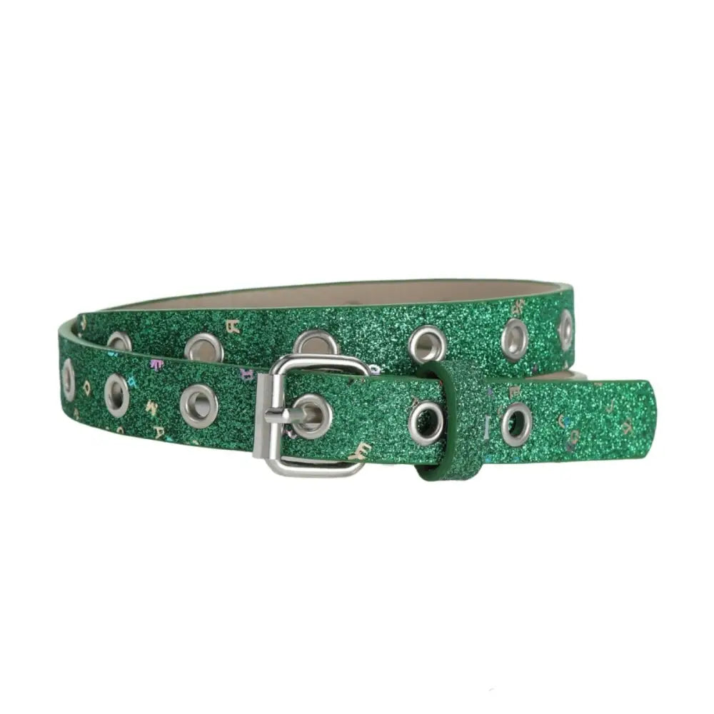 Green glittery belt with silver grommets and buckle from Glittery Belts with Silver Buckles and Grommet Details
