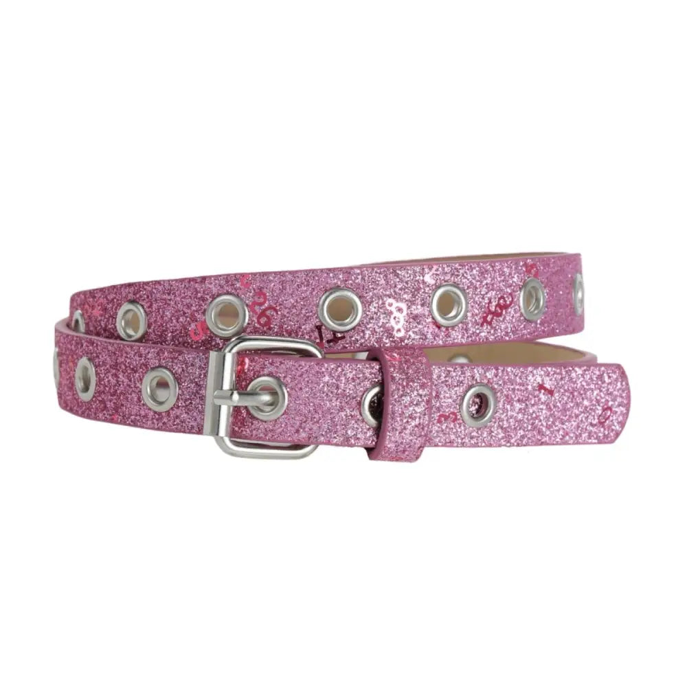 Pink glittery belt with silver grommets from Glittery Belts with Silver Buckles and Grommet Details