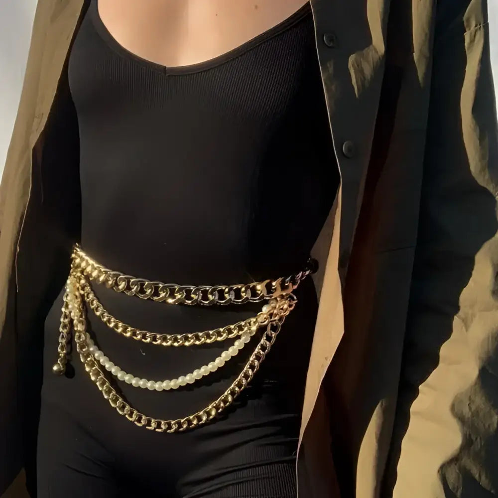 Gold chain belt with pearl accents, elegant waist jewelry accessory for stylish outfits