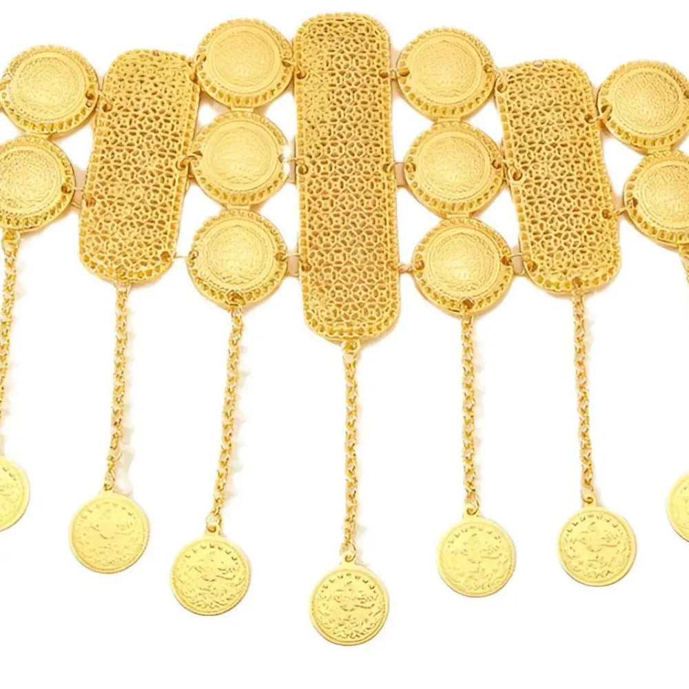 Gold-toned coin and filigree belt with dangling pendants shown in product image