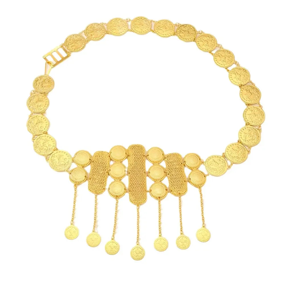 Gold coin belt with dangling pendants.