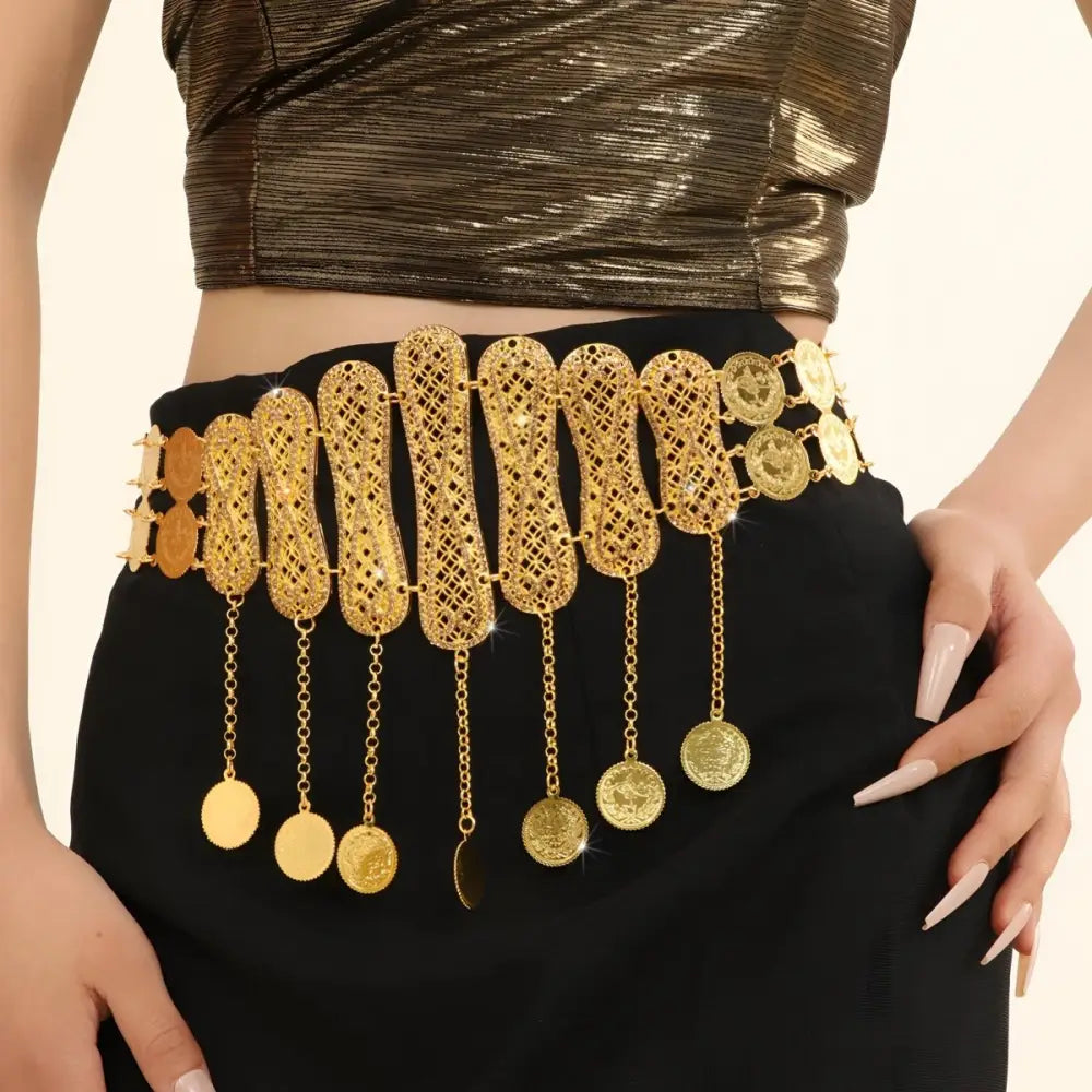 Gold coin belly chain with intricate filigree design for elegant body adornment