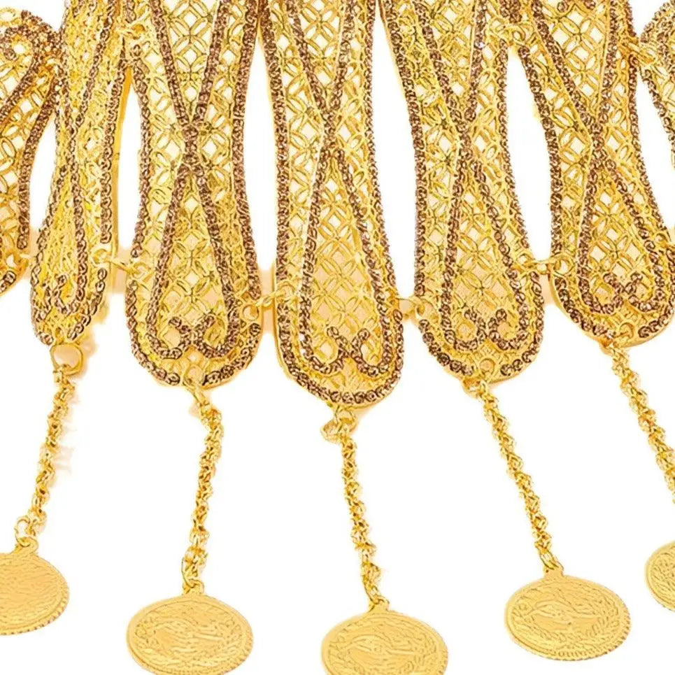 Ornate gold-colored metalwork with dangling coin pendants on Gold Coin and Filigree Belt Belly Chain