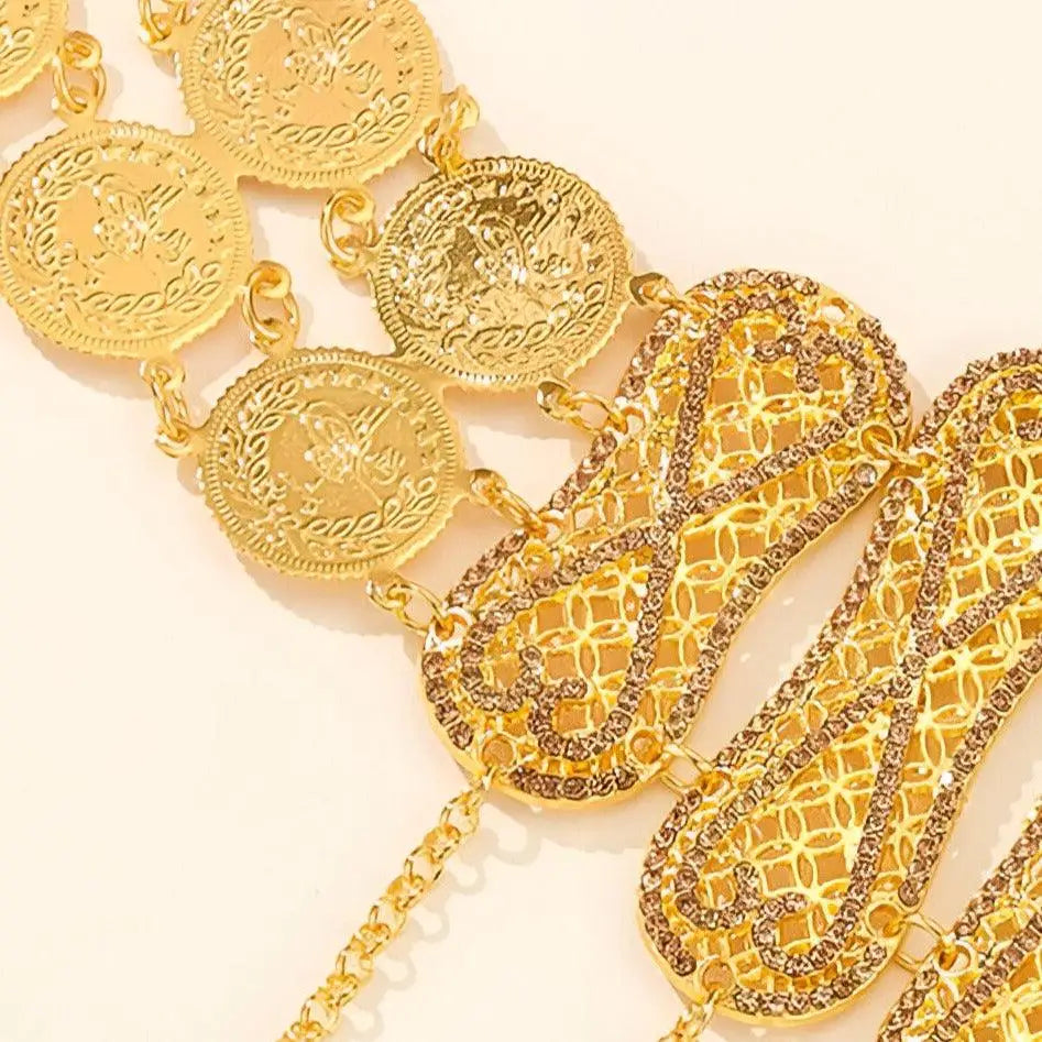Gold-toned coin and filigree body chain from the Gold Coin and Filigree Belt Belly Chain collection