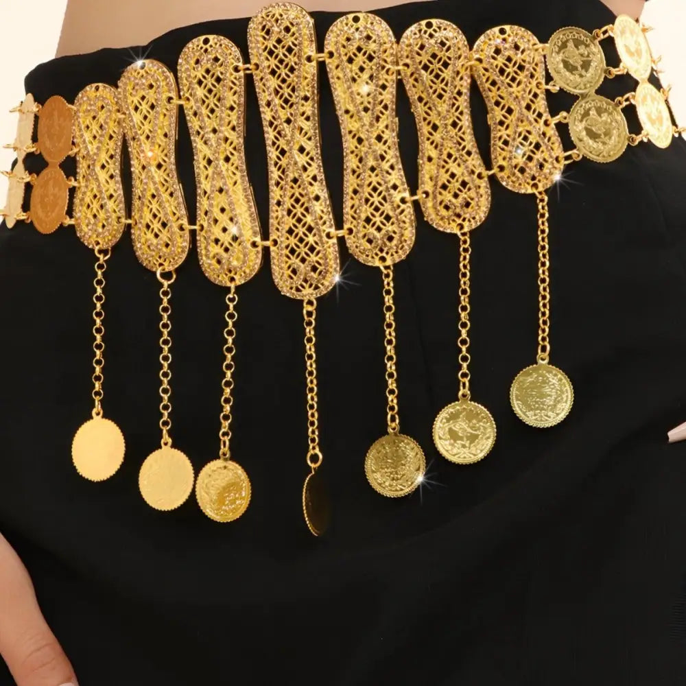 Ornate gold coin belt with intricate filigree design for stylish belly chain accessory